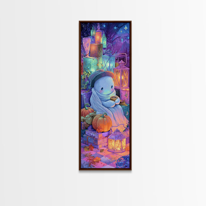 The Ghost Mail Carrier, Vaporwave Halloween Decor, Tall Narrow Wall Art, Framed Canvas Print, Retro Halloween Decor, Neon Wall Art