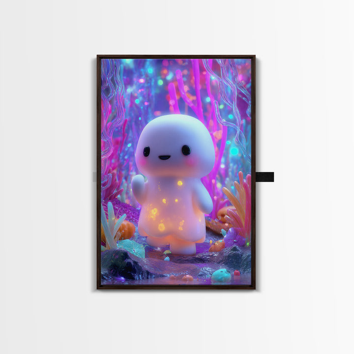 The Ghost And Firefly Friends, Synthwave Halloween Art, Vertical Wall Art, Framed Canvas Print, Retro Halloween Decor, Neon Wall Art