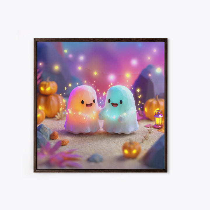 The Ghost And Firefly Friends, Cute Spooky Neon Art, Square Wall Art, Framed Canvas Print, Retro Halloween Decor, Neon Wall Art