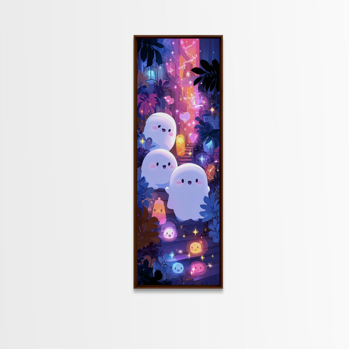 The Ghost And Firefly Friends, Vaporwave Halloween Decor, Tall Narrow Wall Art, Canvas Print, Retro Halloween Decor, Neon Wall Art