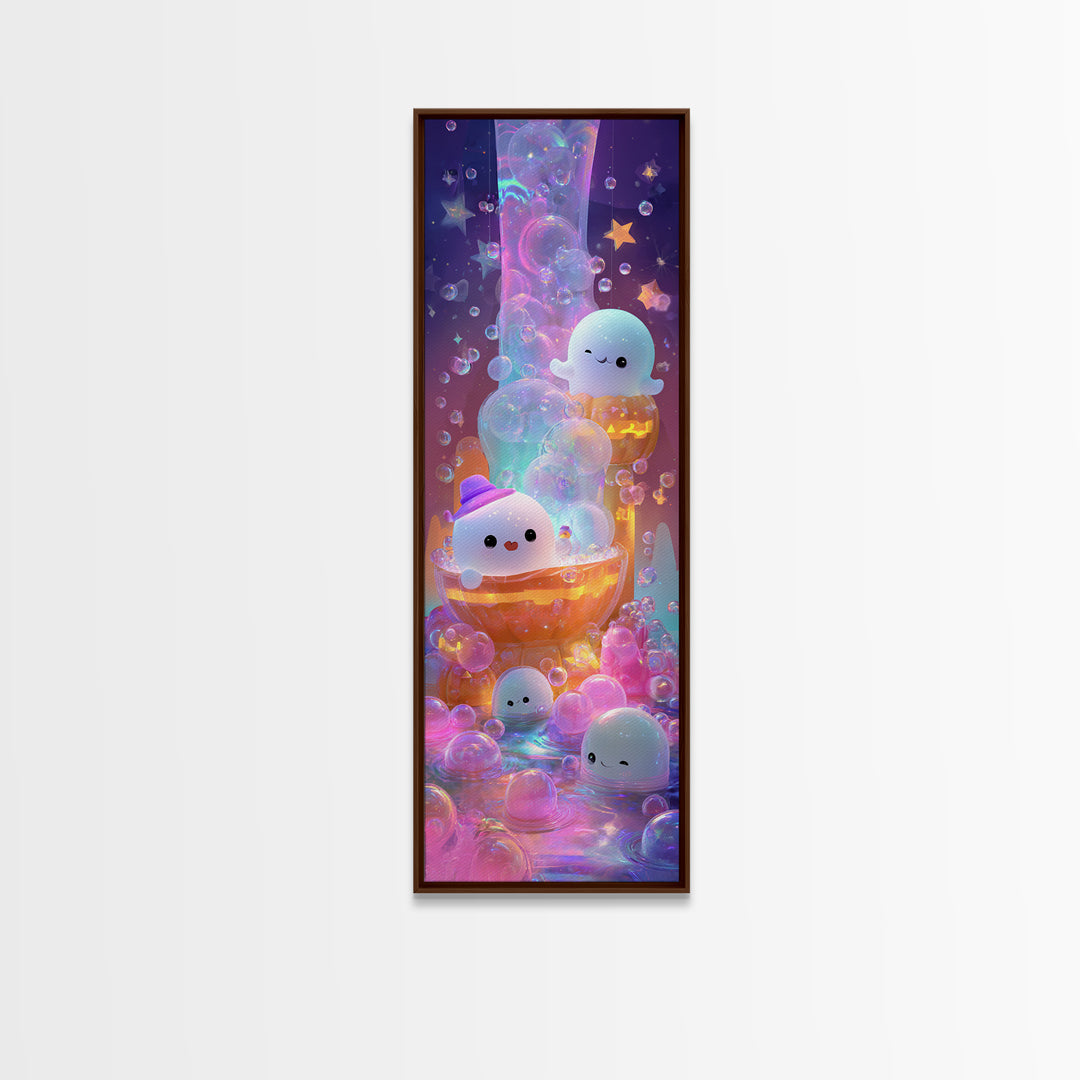 The Ghost Bubble Bath, Cute Spooky Neon Art, Tall Narrow Wall Art, Canvas Print, Retro Halloween Decor, Neon Wall Art, Seasonal Home Decor