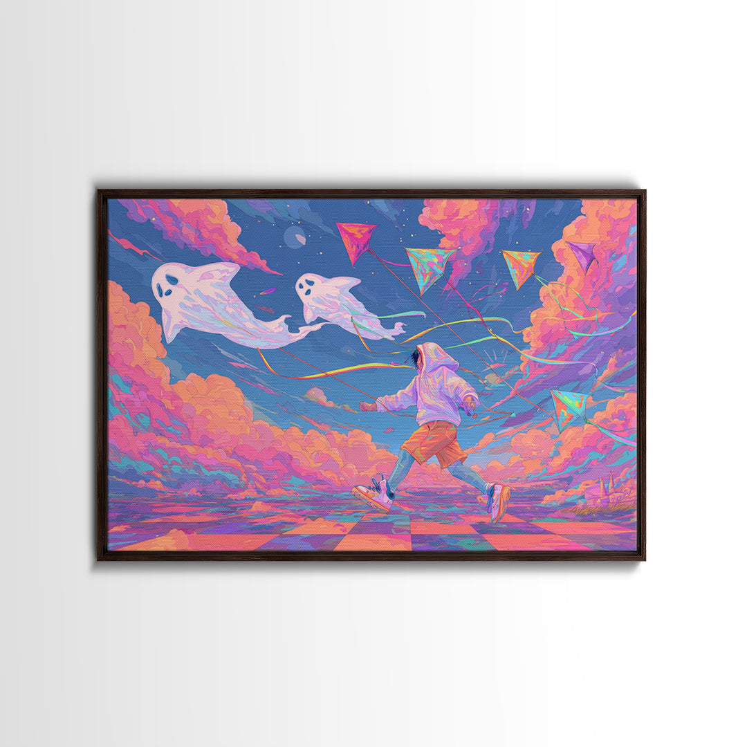 The Ghost Kite Festival, 80s Halloween Wall Art, Landscape Wall Art, Framed Canvas Print, Retro Halloween Decor, Neon Wall Art