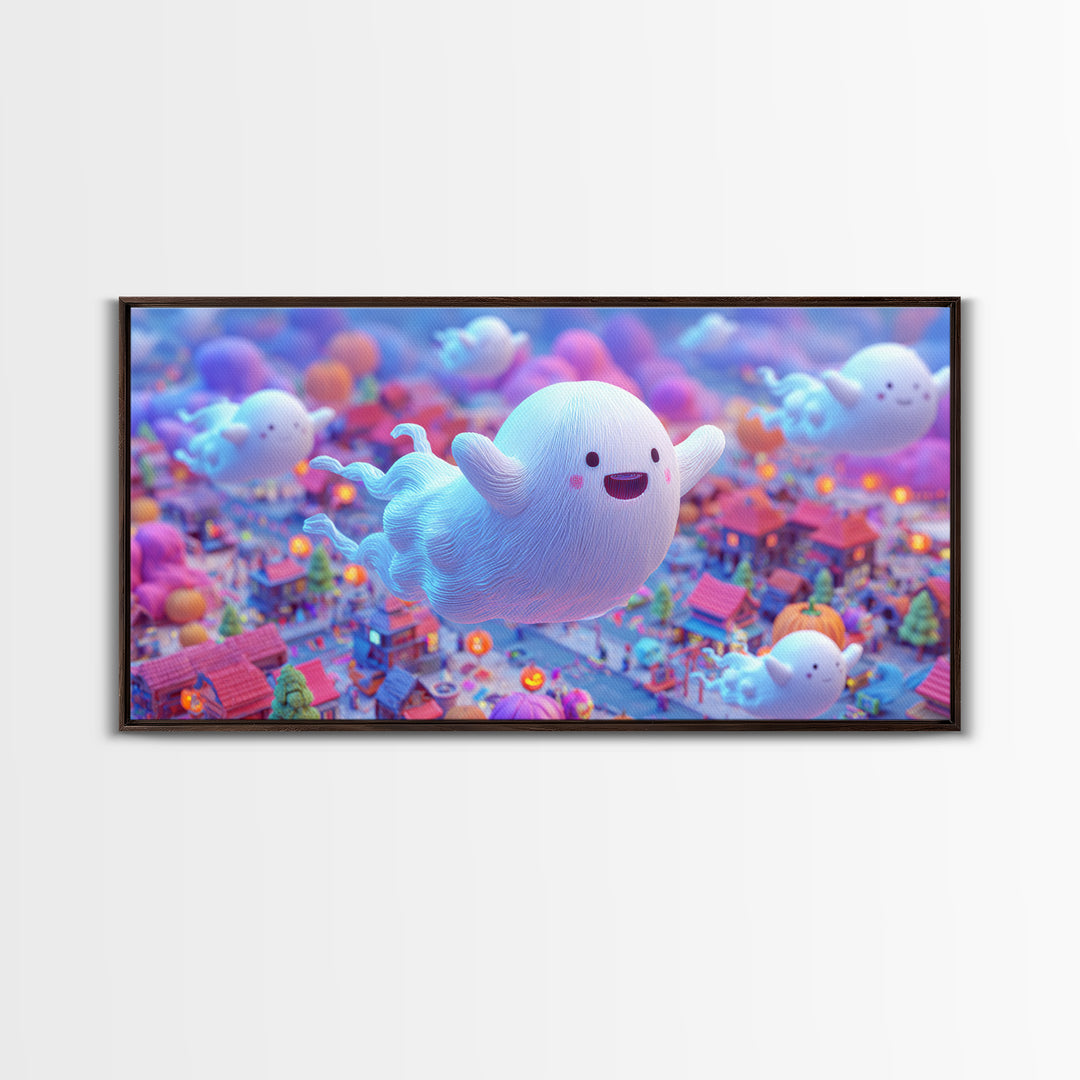 The Ghost Kite Festival, 80s Halloween Wall Art, Wide Panoramic Art, Framed Canvas Print, Retro Halloween Decor, Neon Wall Art