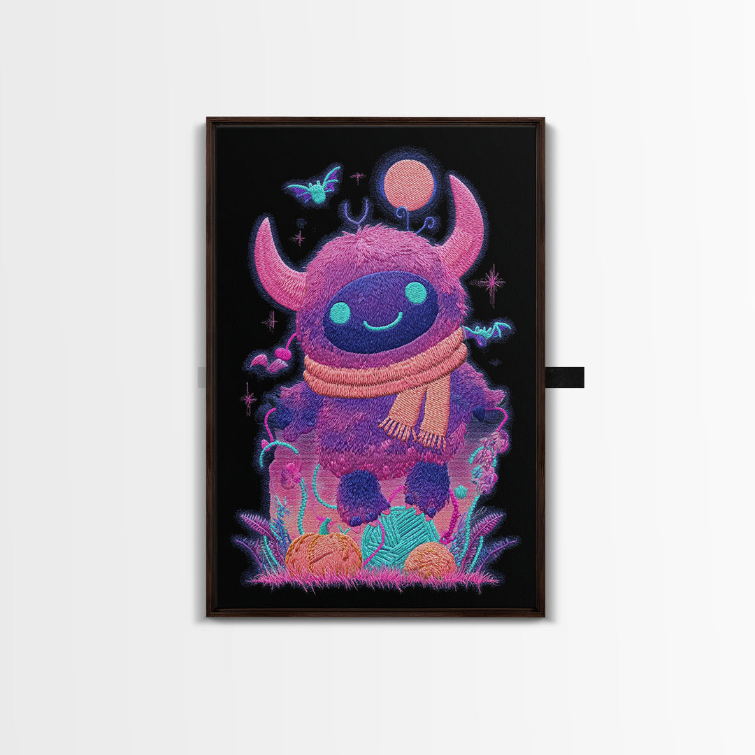 The Fuzzy Purple Monster, Synthwave Halloween Art, Vertical Wall Art, Canvas Print, Retro Halloween Decor, Neon Wall Art, Macabre Wall Art