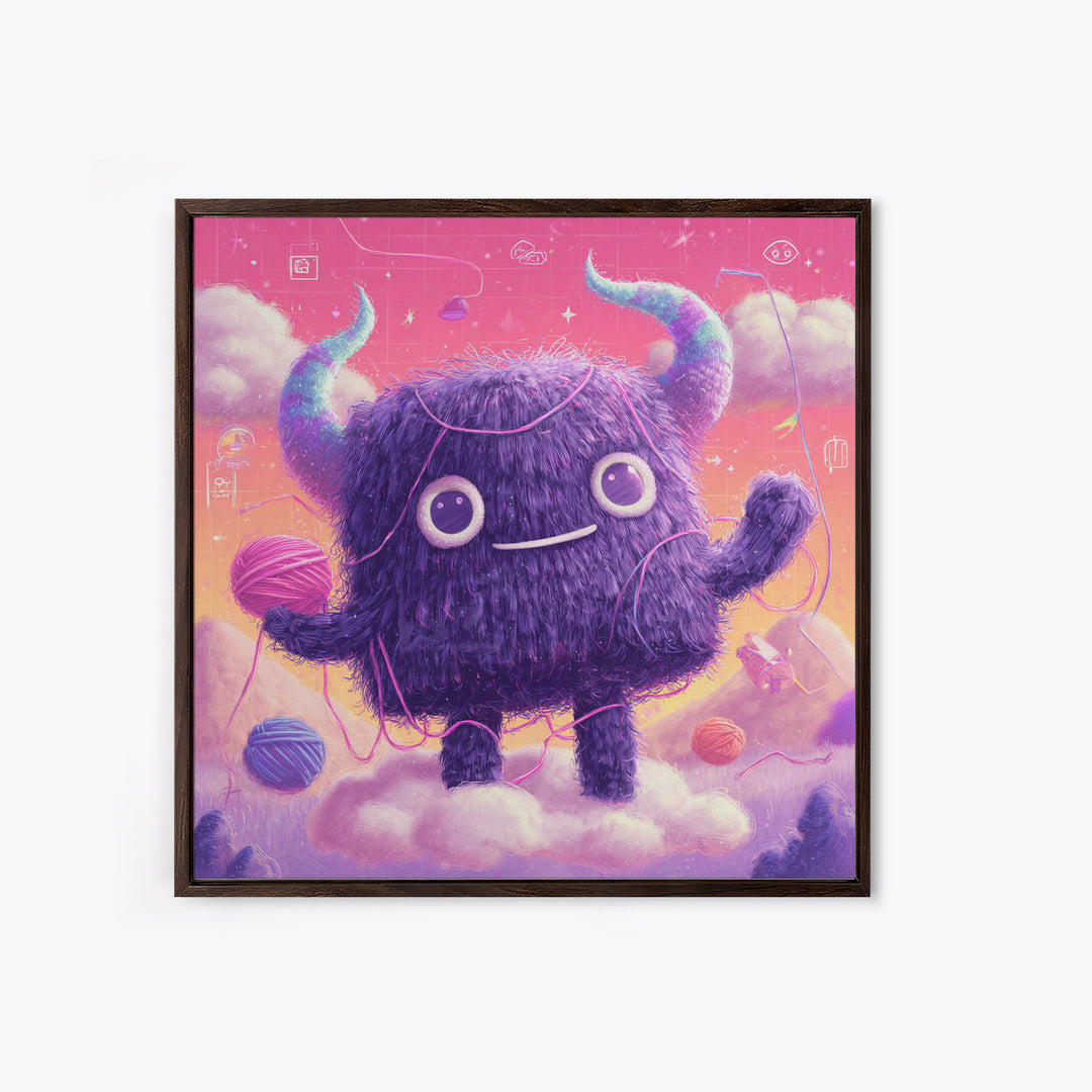 The Fuzzy Purple Monster, Vaporwave Halloween Decor, Square Wall Art, Framed Canvas Print, Retro Halloween Decor, Neon Wall Art
