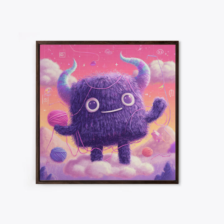 The Fuzzy Purple Monster, Vaporwave Halloween Decor, Square Wall Art, Framed Canvas Print, Retro Halloween Decor, Neon Wall Art