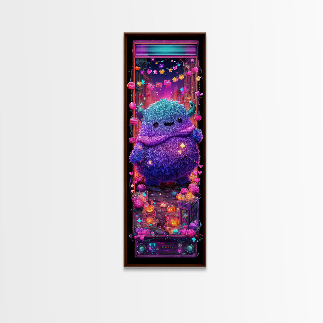 The Fuzzy Purple Monster, Synthwave Halloween Art, Tall Narrow Wall Art, Canvas Print, Retro Halloween Decor, Neon Wall Art