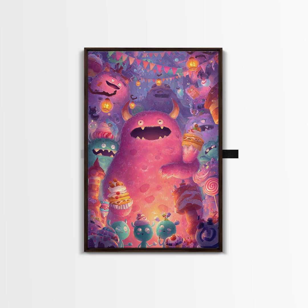 The Polka-Dot Monster, Vaporwave Halloween Decor, Vertical Wall Art, Framed Canvas Print, Retro Halloween Decor, Neon Wall Art