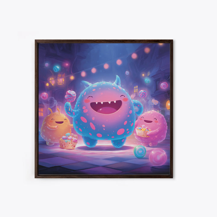 The Polka-Dot Monster, Synthwave Halloween Art, Square Wall Art, Framed Canvas Print, Retro Halloween Decor, Neon Wall Art