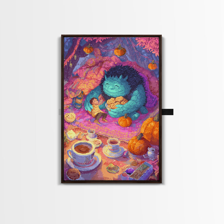 The Monster Under The Bed Tea Party, Retro Neon Halloween Art, Vertical Wall Art, Canvas Print, Retro Halloween Decor, Neon Wall Art
