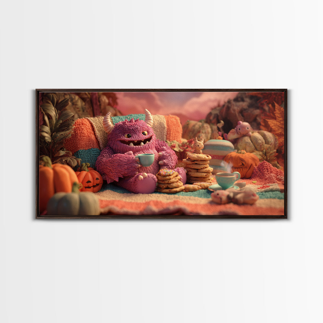 The Monster Under The Bed Tea Party, Vaporwave Halloween Decor, Wide Panoramic Art, Framed Canvas Print, Retro Halloween Decor