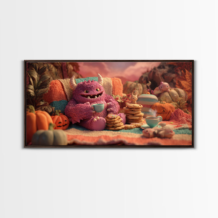 The Monster Under The Bed Tea Party, Vaporwave Halloween Decor, Wide Panoramic Art, Framed Canvas Print, Retro Halloween Decor