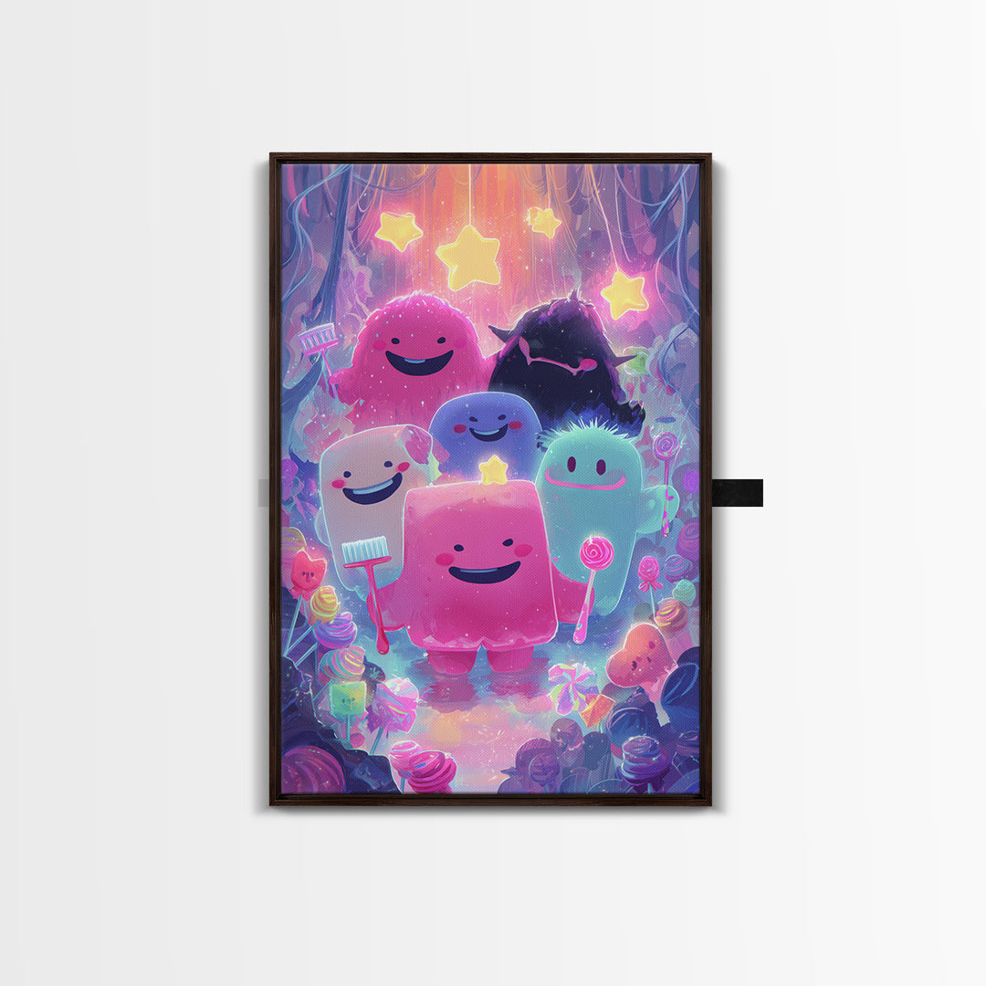 The Monster Toothbrush Club, Vaporwave Halloween Decor, Vertical Wall Art, Framed Canvas Print, Retro Halloween Decor, Neon Wall Art