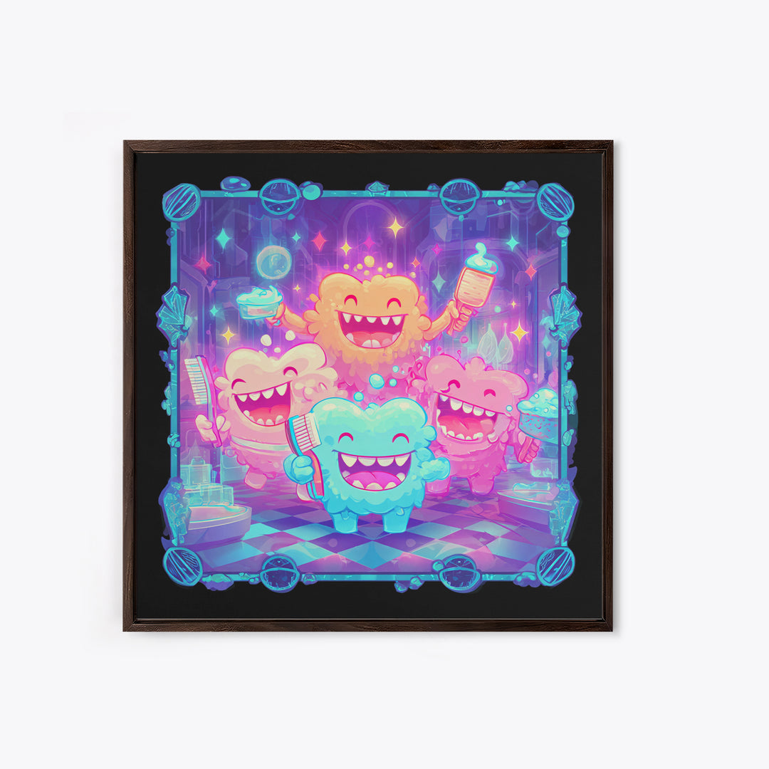 The Monster Toothbrush Club, Vaporwave Halloween Decor, Square Wall Art, Canvas Print, Retro Halloween Decor, Neon Wall Art