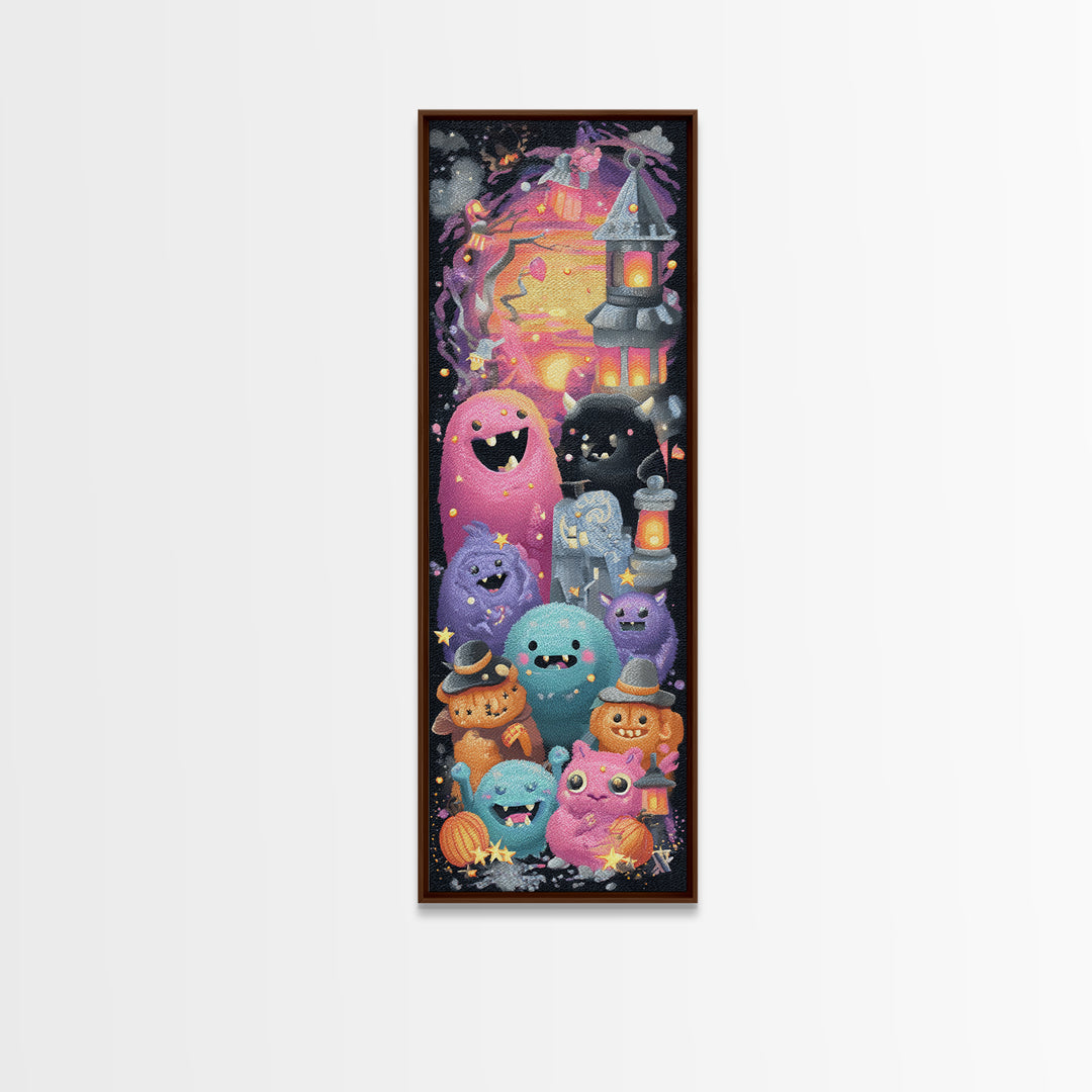 The Monster Toothbrush Club, Retro Neon Halloween Art, Tall Narrow Wall Art, Canvas Print, Retro Halloween Decor, Neon Wall Art