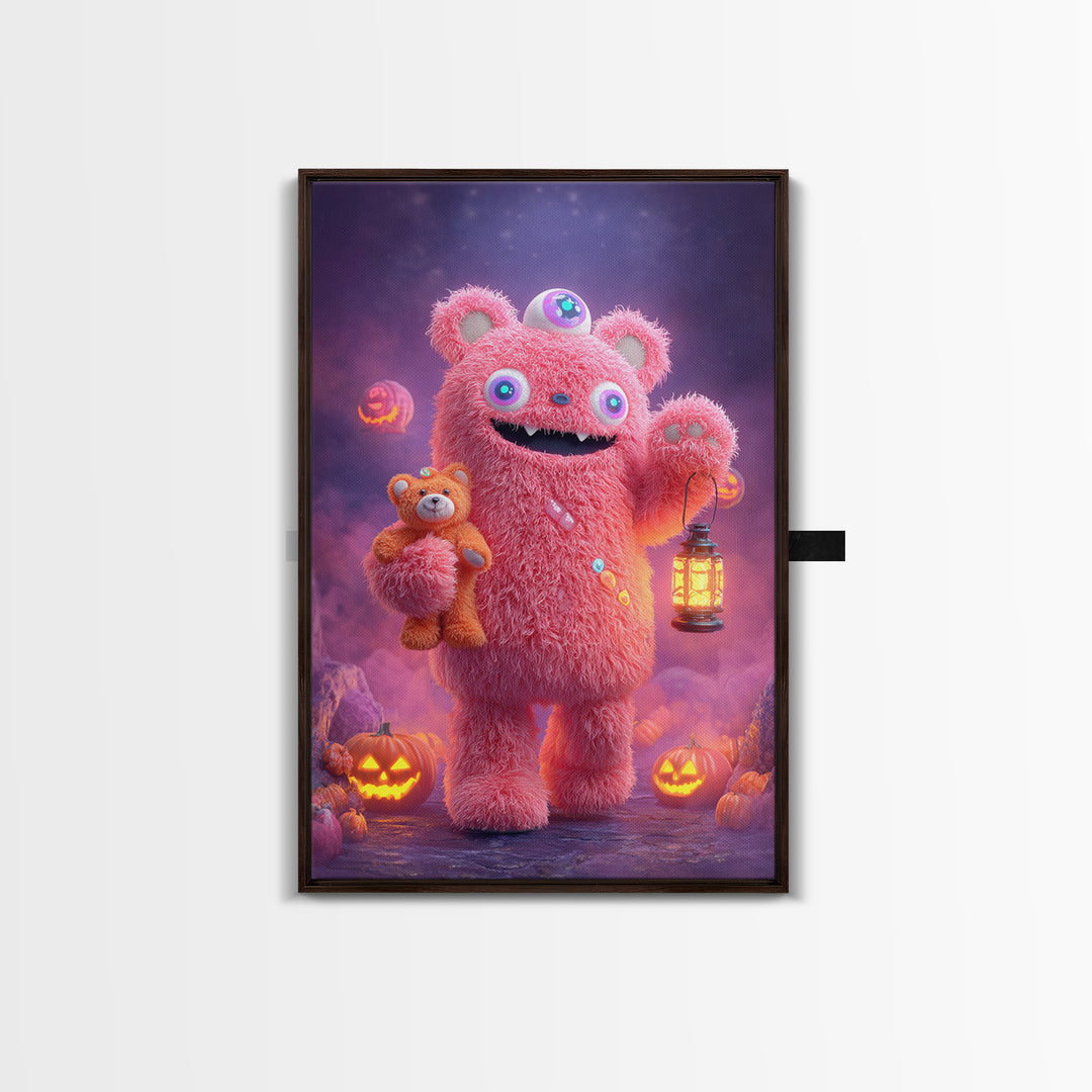 The Three-Eyed Teddy Monster, 80s Halloween Wall Art, Vertical Wall Art, Framed Canvas Print, Retro Halloween Decor, Neon Wall Art