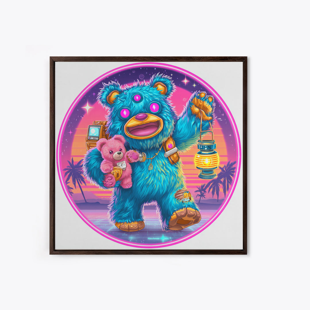 The Three-Eyed Teddy Monster, Cute Spooky Neon Art, Square Wall Art, Framed Canvas Print, Retro Halloween Decor, Neon Wall Art