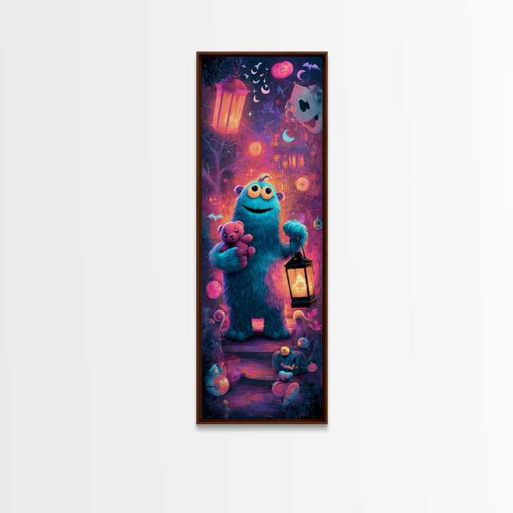 The Three-Eyed Teddy Monster, Vaporwave Halloween Decor, Tall Narrow Wall Art, Framed Canvas Print, Retro Halloween Decor, Neon Wall Art