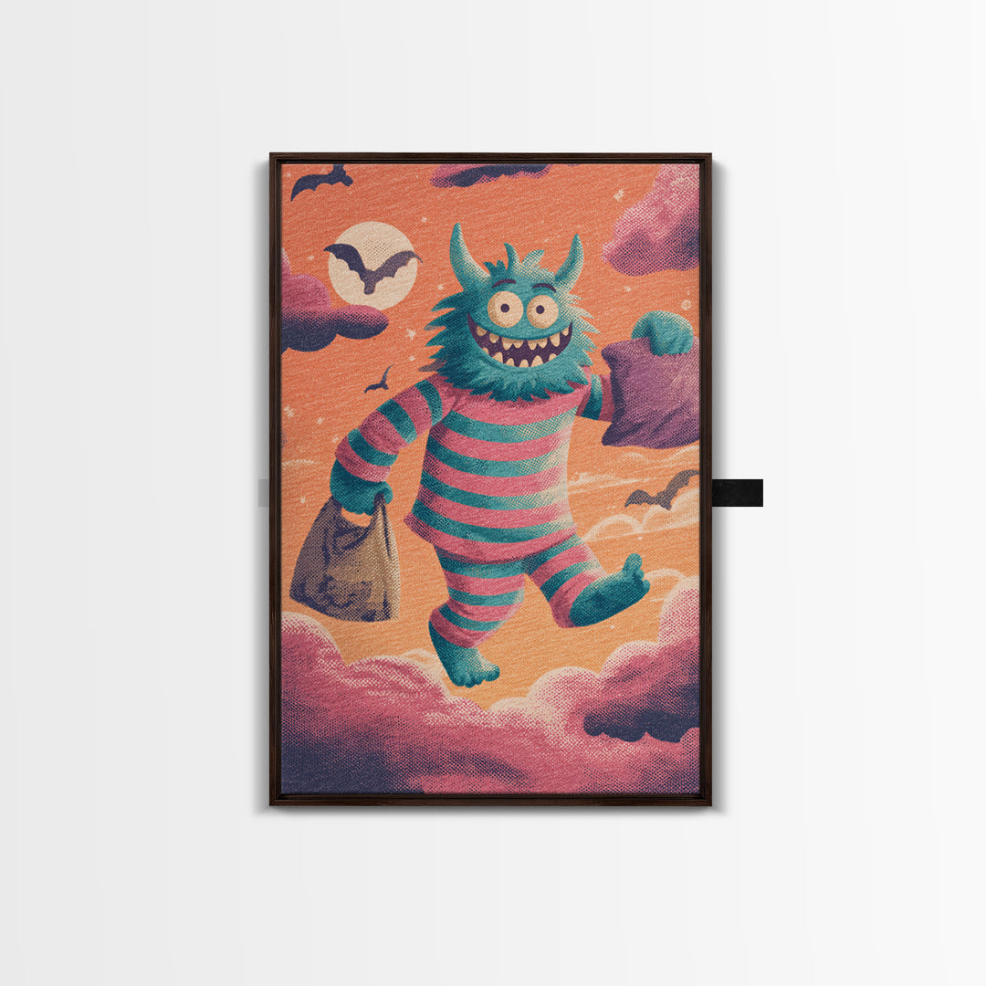 The Monster Pajama Parade, Synthwave Halloween Art, Vertical Wall Art, Framed Canvas Print, Retro Halloween Decor, Neon Wall Art