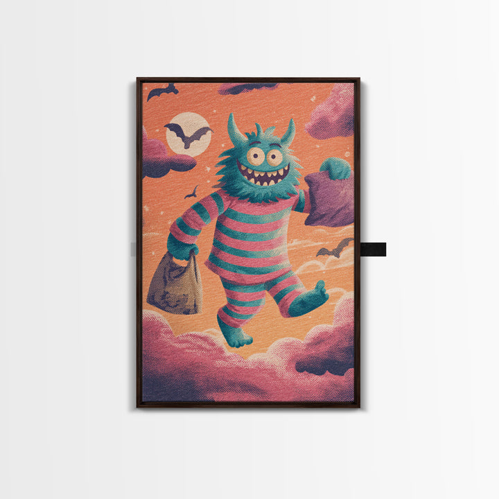 The Monster Pajama Parade, Synthwave Halloween Art, Vertical Wall Art, Framed Canvas Print, Retro Halloween Decor, Neon Wall Art