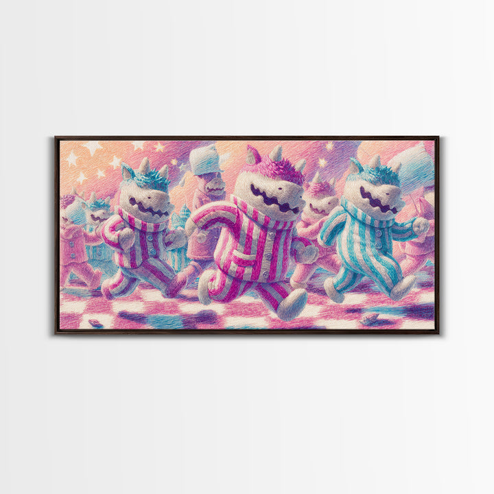 The Monster Pajama Parade, 80s Halloween Wall Art, Wide Panoramic Art, Framed Canvas Print, Retro Halloween Decor, Neon Wall Art