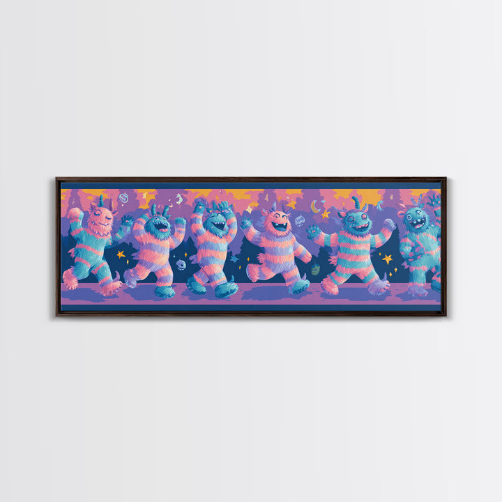 The Monster Pajama Parade, 80s Halloween Wall Art, Extra Wide Wall Art, Framed Canvas Print, Retro Halloween Decor, Neon Wall Art