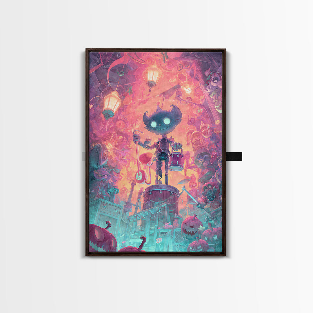 The Little Monster Orchestra, Synthwave Halloween Art, Vertical Wall Art, Canvas Print, Retro Halloween Decor, Neon Wall Art