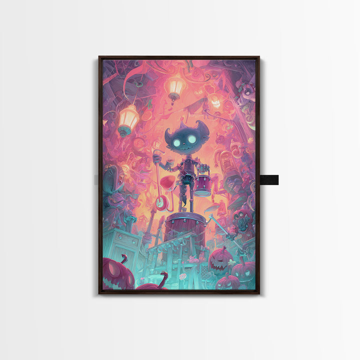 The Little Monster Orchestra, Synthwave Halloween Art, Vertical Wall Art, Canvas Print, Retro Halloween Decor, Neon Wall Art
