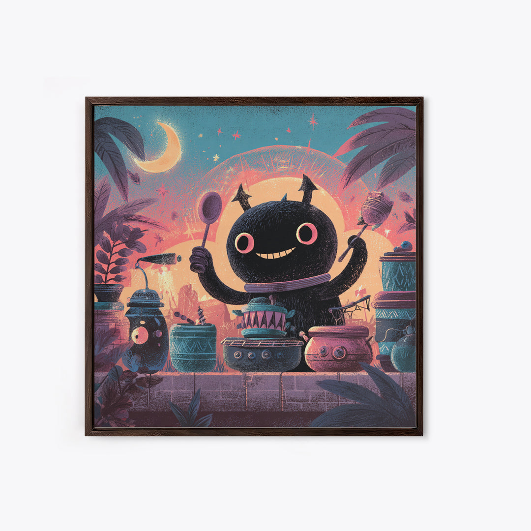 The Little Monster Orchestra, Cute Spooky Neon Art, Square Wall Art, Framed Canvas Print, Retro Halloween Decor, Neon Wall Art
