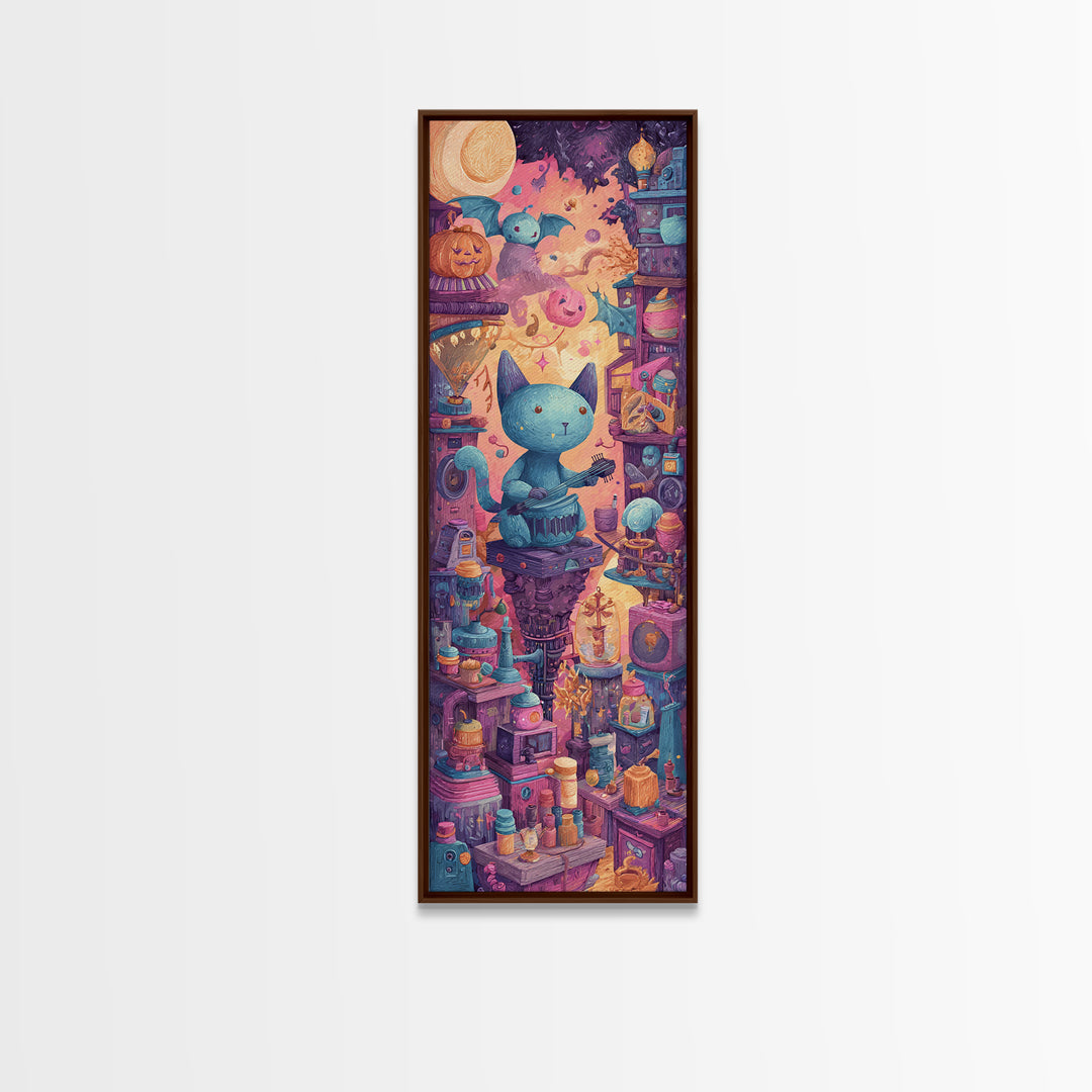 The Little Monster Orchestra, 80s Halloween Wall Art, Tall Narrow Wall Art, Canvas Print, Retro Halloween Decor, Neon Wall Art