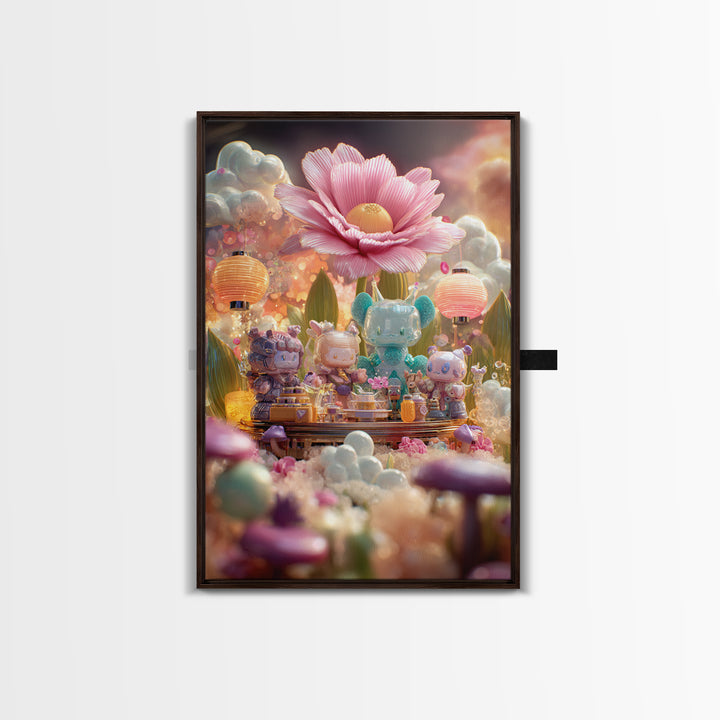 The Monster Flower Shop, Cute Spooky Neon Art, Vertical Wall Art, Framed Canvas Print, Retro Halloween Decor, Neon Wall Art