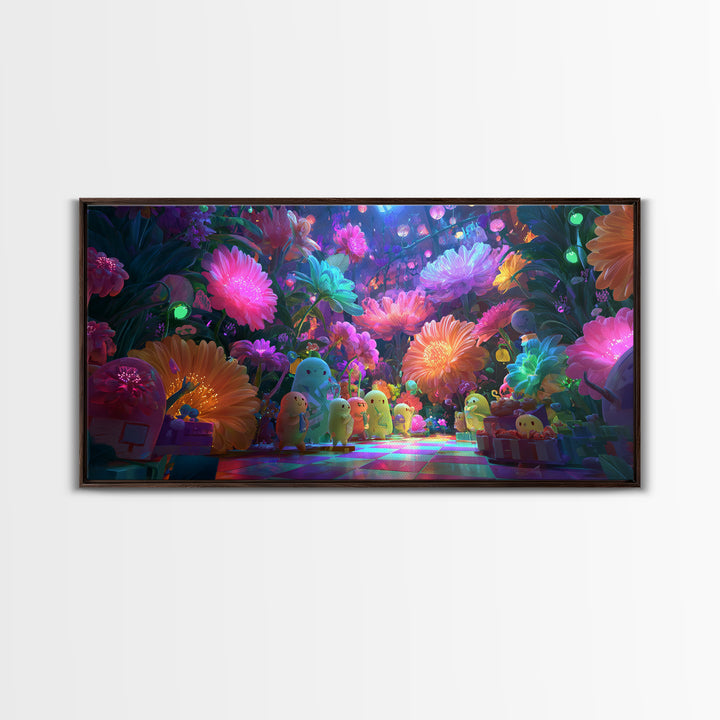 The Monster Flower Shop, Cute Spooky Neon Art, Wide Panoramic Art, Canvas Print, Retro Halloween Decor, Neon Wall Art, Macabre Wall Art
