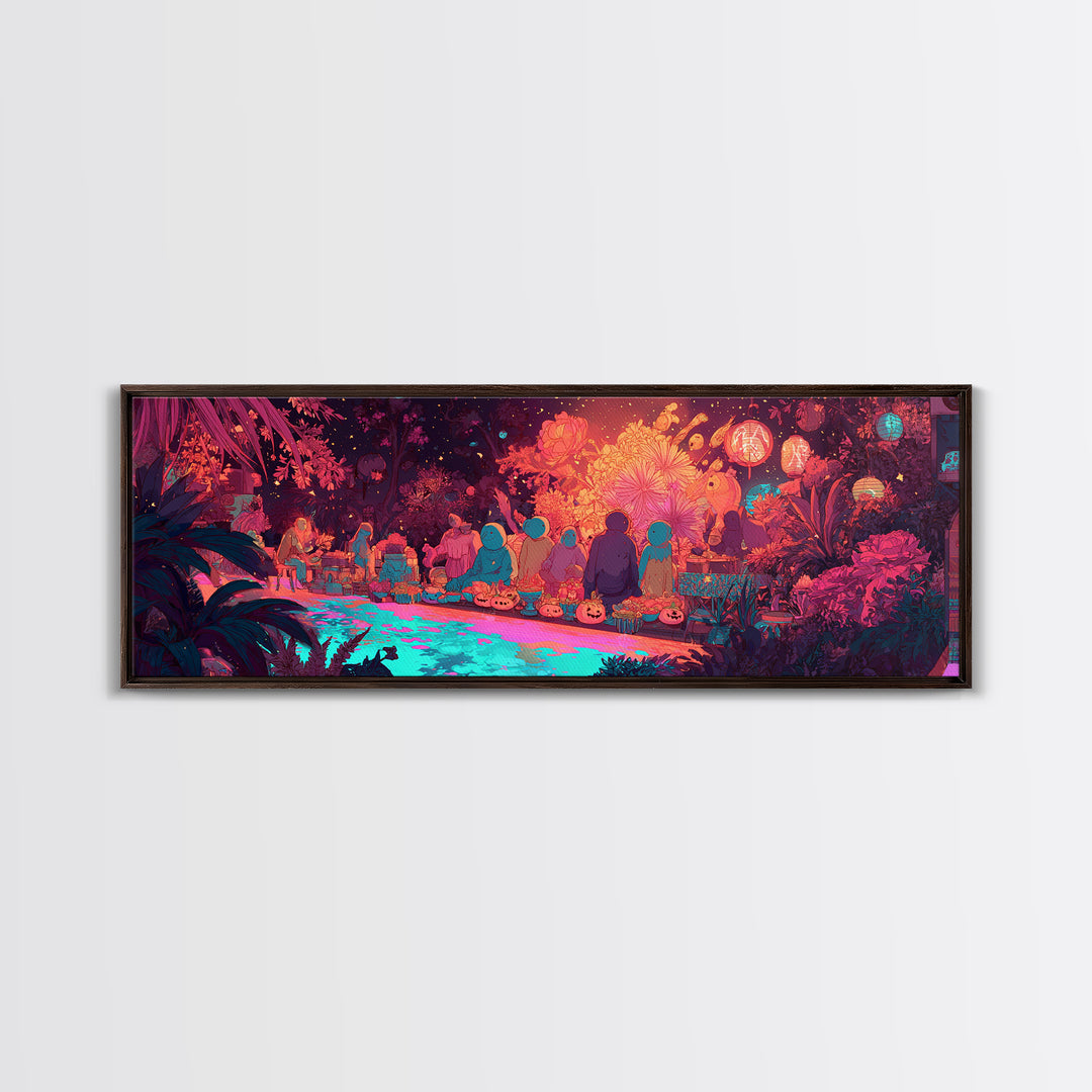 The Monster Flower Shop, Synthwave Halloween Art, Extra Wide Wall Art, Framed Canvas Print, Retro Halloween Decor, Neon Wall Art