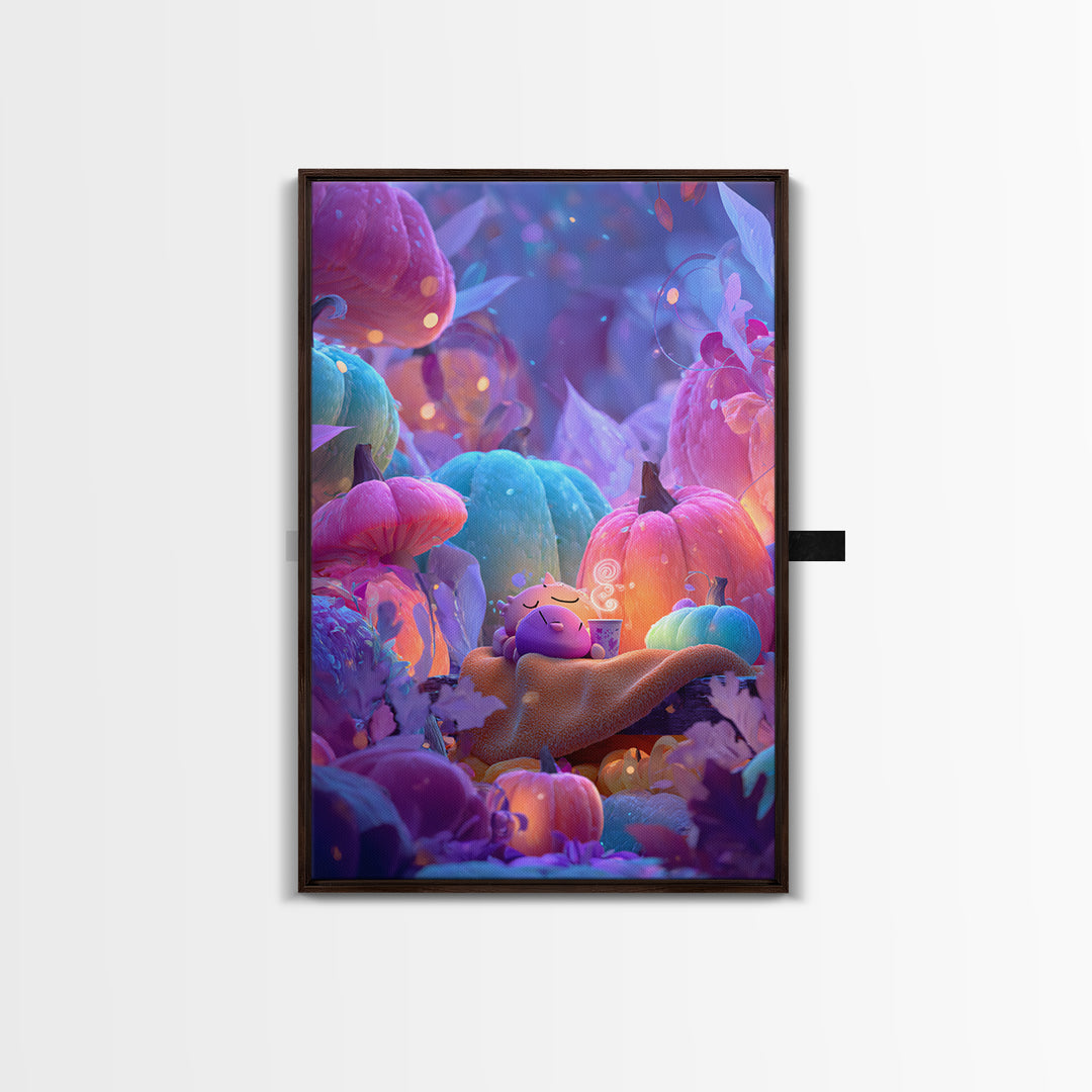 The Monster Hide-And-Seek Game, Synthwave Halloween Art, Vertical Wall Art, Canvas Print, Retro Halloween Decor, Neon Wall Art