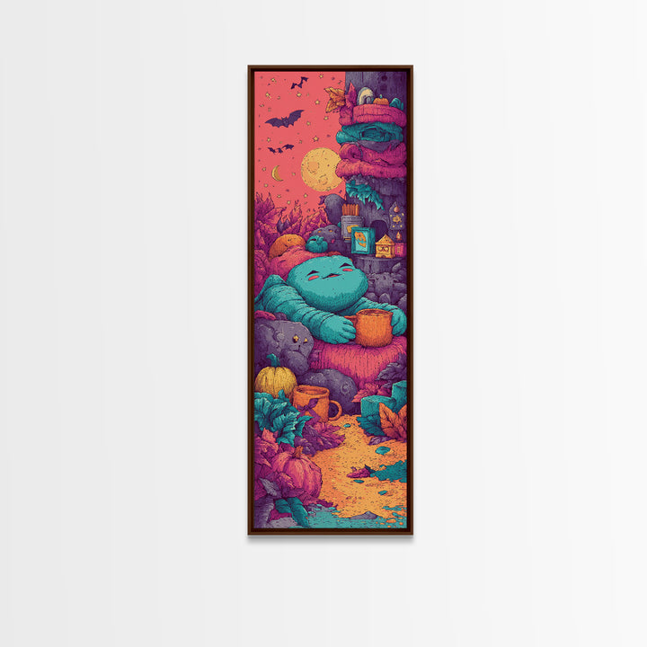 The Monster Hide-And-Seek Game, Cute Spooky Neon Art, Tall Narrow Wall Art, Canvas Print, Retro Halloween Decor, Neon Wall Art
