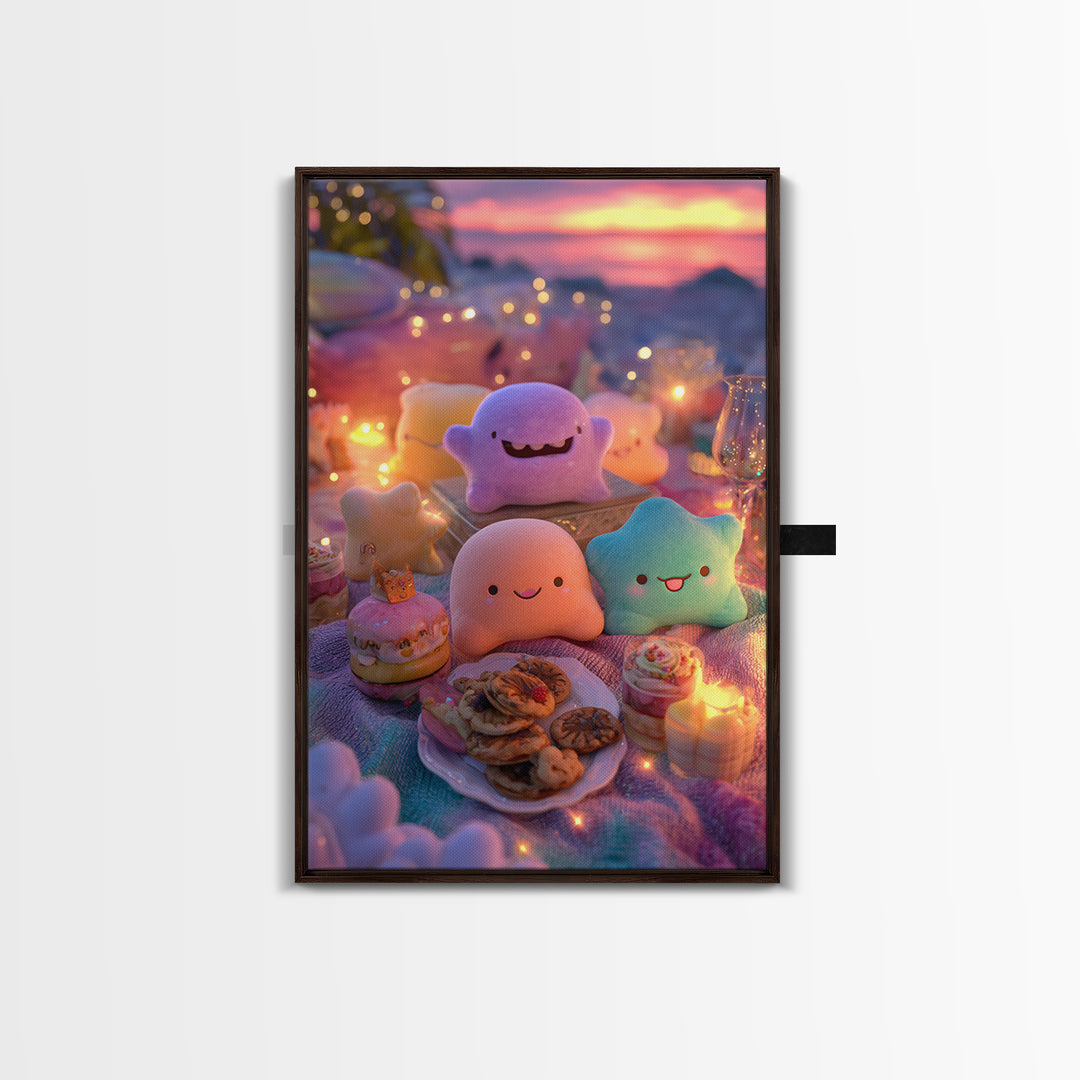 The Monster Friendship Picnic, Cute Spooky Neon Art, Vertical Wall Art, Canvas Print, Retro Halloween Decor, Neon Wall Art, Dark Fantasy Art