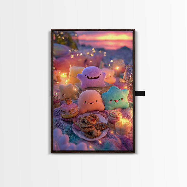 The Monster Friendship Picnic, Cute Spooky Neon Art, Vertical Wall Art, Canvas Print, Retro Halloween Decor, Neon Wall Art, Dark Fantasy Art