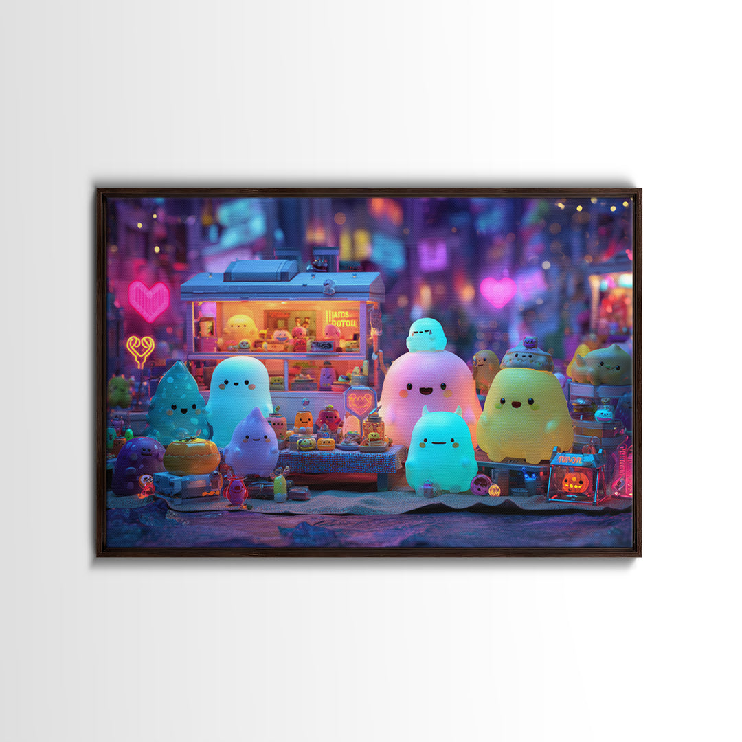 The Monster Friendship Picnic, Retro Neon Halloween Art, Landscape Wall Art, Framed Canvas Print, Retro Halloween Decor, Neon Wall Art