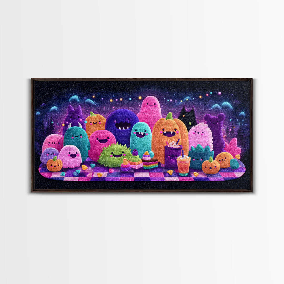 The Monster Friendship Picnic, Retro Neon Halloween Art, Wide Panoramic Art, Canvas Print, Retro Halloween Decor, Neon Wall Art