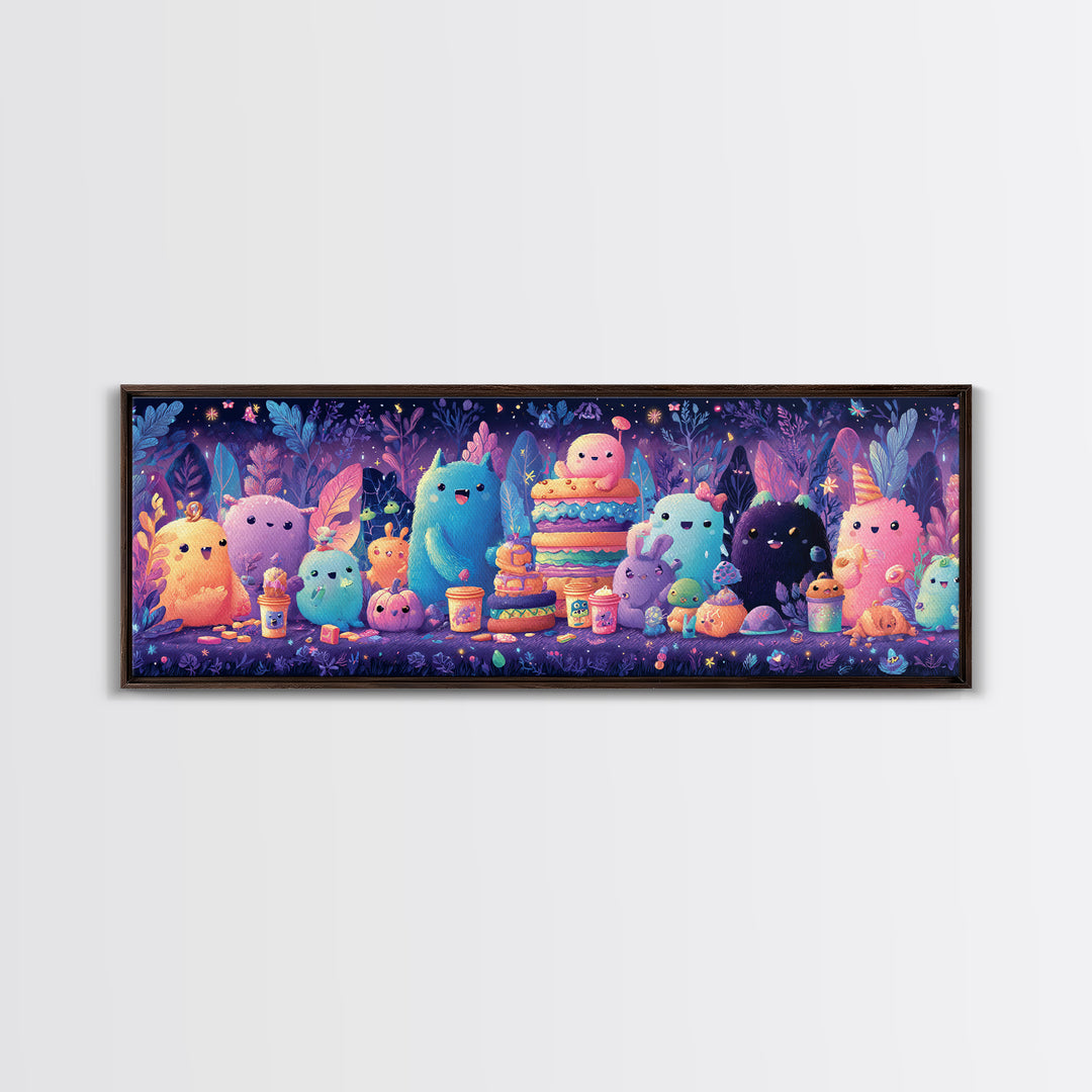 The Monster Friendship Picnic, Synthwave Halloween Art, Extra Wide Wall Art, Framed Canvas Print, Retro Halloween Decor, Neon Wall Art