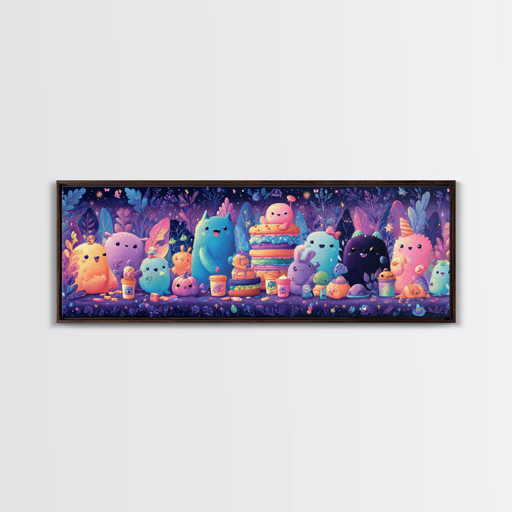 The Monster Friendship Picnic, Synthwave Halloween Art, Extra Wide Wall Art, Framed Canvas Print, Retro Halloween Decor, Neon Wall Art