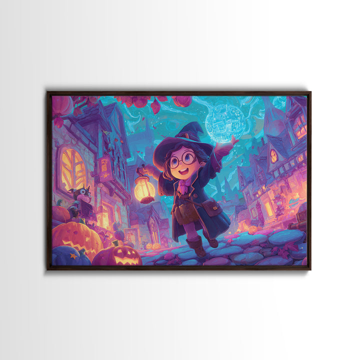 The Trick-Or-Treat Treasure Hunt, 80s Halloween Wall Art, Landscape Wall Art, Framed Canvas Print, Retro Halloween Decor, Neon Wall Art