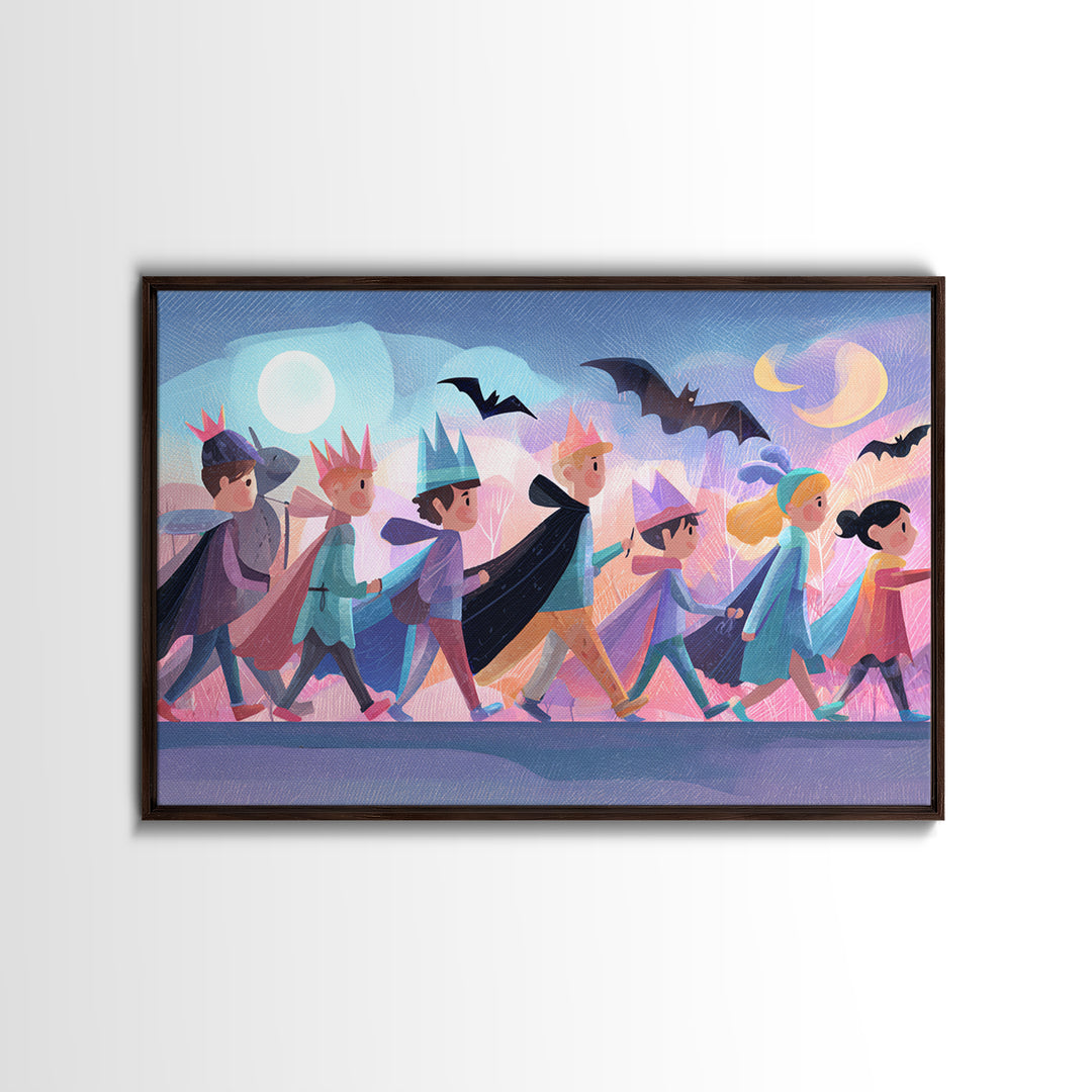 The Costume Parade, Cute Spooky Neon Art, Landscape Wall Art, Canvas Print, Retro Halloween Decor, Neon Wall Art, Statement Wall Art