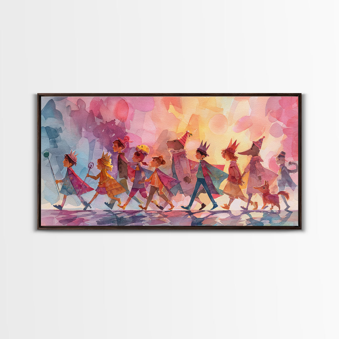 The Costume Parade, Retro Neon Halloween Art, Wide Panoramic Art, Canvas Print, Retro Halloween Decor, Neon Wall Art, Seasonal Home Decor