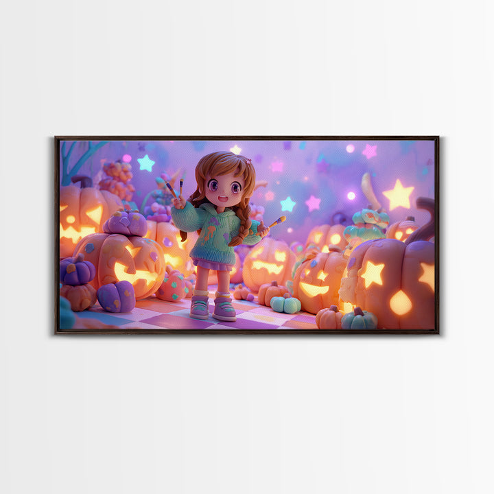 The Pumpkin Painting Party, Retro Neon Halloween Art, Wide Panoramic Art, Framed Canvas Print, Retro Halloween Decor, Neon Wall Art