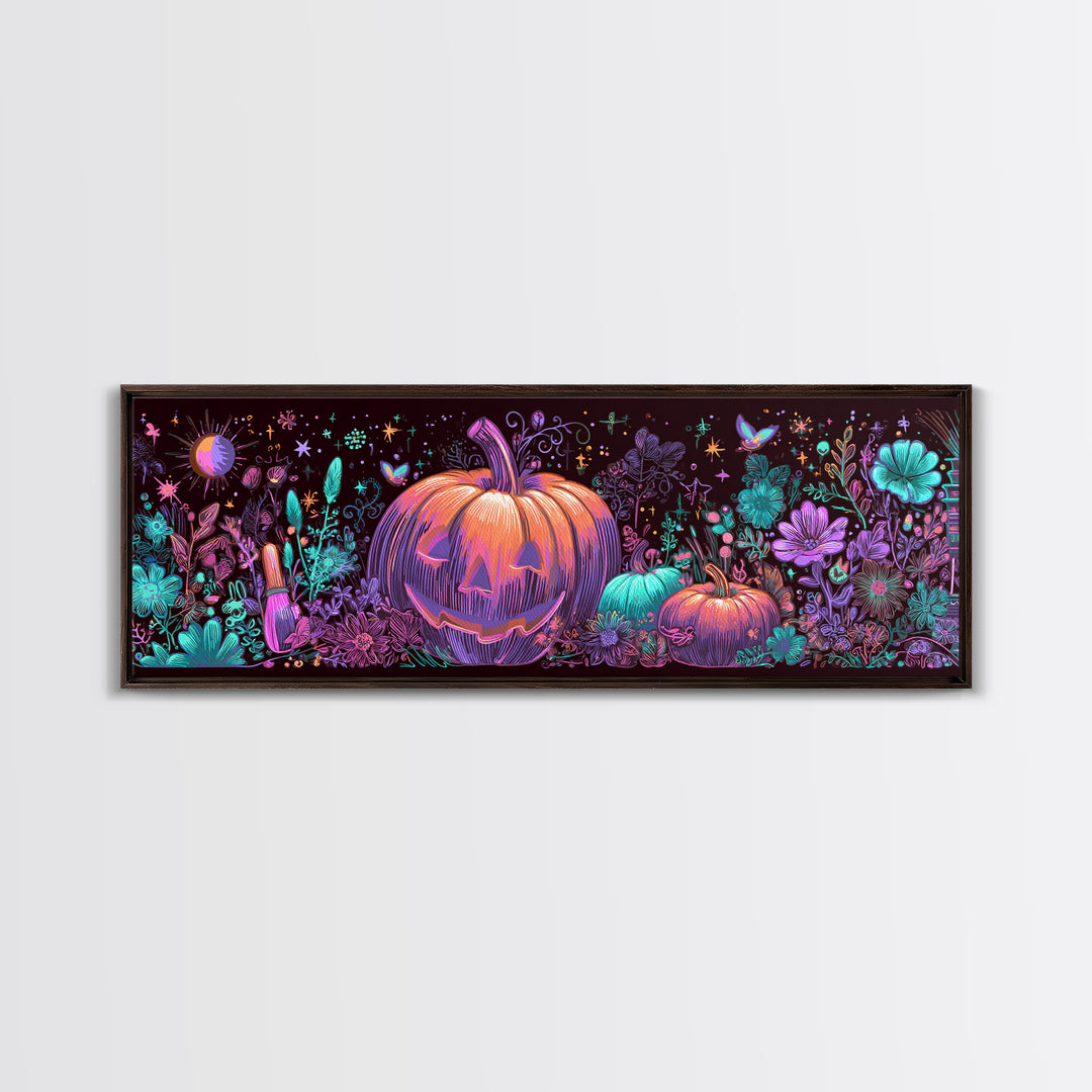 The Pumpkin Painting Party, 80s Halloween Wall Art, Extra Wide Wall Art, Canvas Print, Retro Halloween Decor, Neon Wall Art