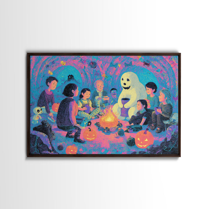 The Halloween Story Circle, Retro Neon Halloween Art, Landscape Wall Art, Canvas Print, Retro Halloween Decor, Neon Wall Art