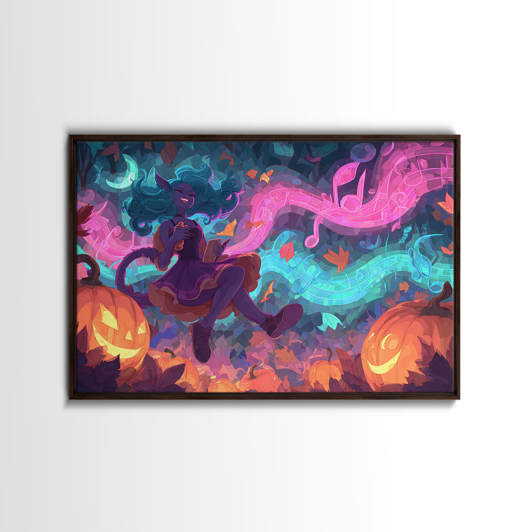 The Moonlight Dance Party, Retro Neon Halloween Art, Landscape Wall Art, Framed Canvas Print, Retro Halloween Decor, Neon Wall Art