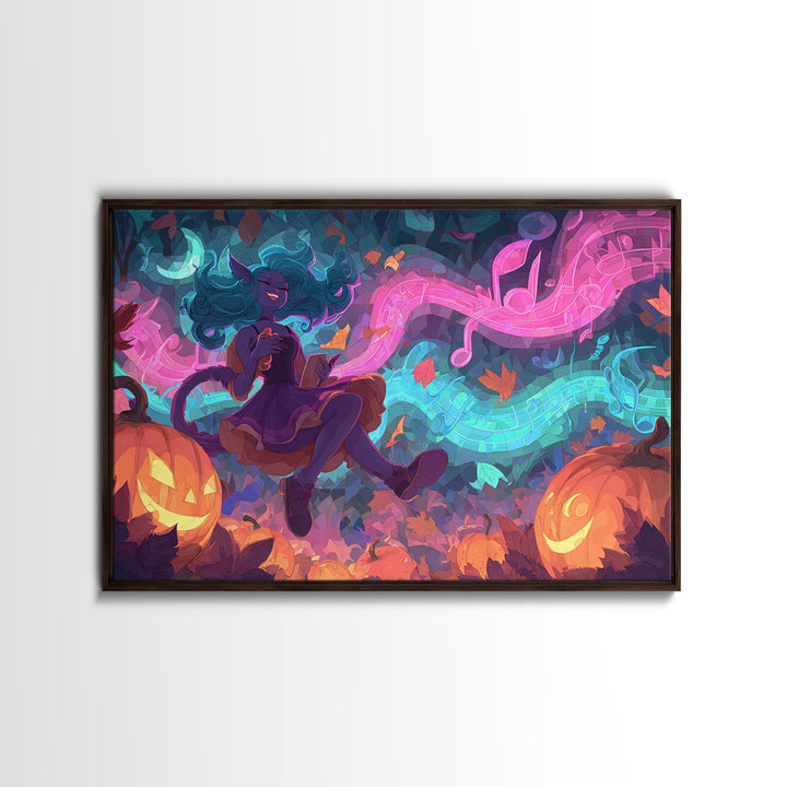 The Moonlight Dance Party, Retro Neon Halloween Art, Landscape Wall Art, Framed Canvas Print, Retro Halloween Decor, Neon Wall Art