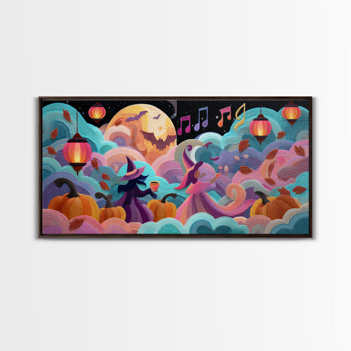 The Moonlight Dance Party, Cute Spooky Neon Art, Wide Panoramic Art, Framed Canvas Print, Retro Halloween Decor, Neon Wall Art